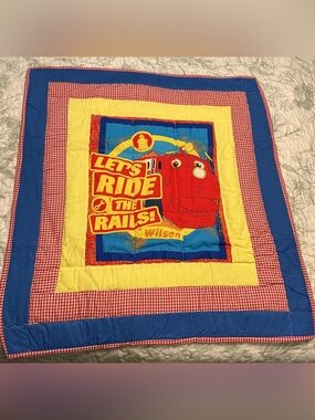 Children's "Let's Ride the Rails" Train Quilted Throw - Red, Blue & Yellow